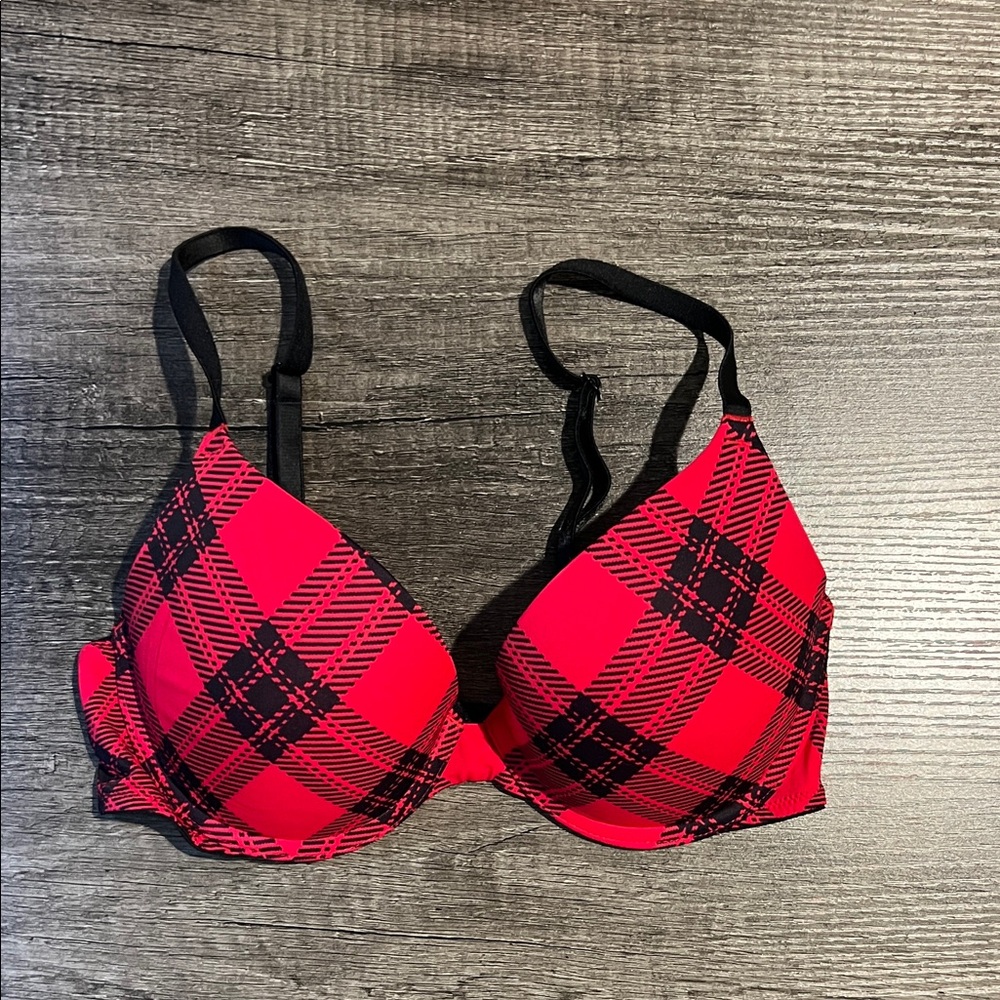 Red Plaid Push-Up Bra with Black Trim